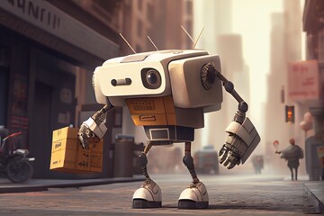 Sticker - robot courier, carrying urgent parcel through busy city street, created with generative ai