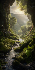 Wall Mural - Beautiful valley in a tropical rainforest during a misty sunset - portrait wallpaper - generative AI