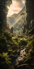 Wall Mural - Beautiful valley in a tropical rainforest during a misty sunset - portrait wallpaper - generative AI