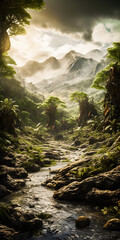 Wall Mural - Beautiful valley in a tropical rainforest during a misty sunset - portrait wallpaper - generative AI