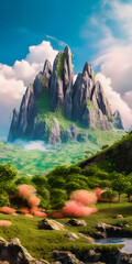 Wall Mural - Fantasy mountain landscape with trees and a river - portrait wallpaper - generative AI