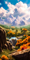 Wall Mural - Fantasy mountain landscape with trees and a waterfall - portrait wallpaper - generative AI