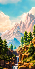 Wall Mural - Fantasy mountain landscape with trees and a waterfall - portrait wallpaper - generative AI