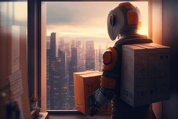 Sticker - robot courier delivering package to office building, with view of busy cityscape visible through the window, created with generative ai