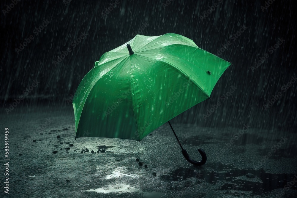 Illustration Stock a green umbrella sitting on top of a puddle of water in the dark it is raining and it s not raining yet it s raining. generative ai Adobe Stock