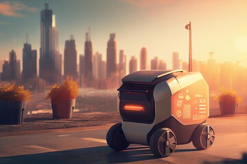 Poster - delivery robot bringing parcel to customer, with view of futuristic cityscape visible in the background, created with generative ai