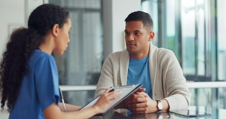 Poster - Patient consultation, clipboard and nurse doctor consulting man about health, results or hospital exam. Communication, medicine clinic and surgeon talking, advice and explain medical insurance policy