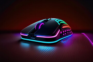 Poster - Angled Gaming Mouse Neon With Black Background Generative AI