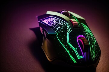 Poster - gaming mouse diagonal angle glowing neon with copy space generative ai