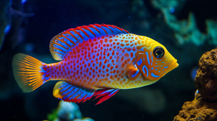 Canvas Print - An exotic fish swimming in a colorful aquarium Generative AI