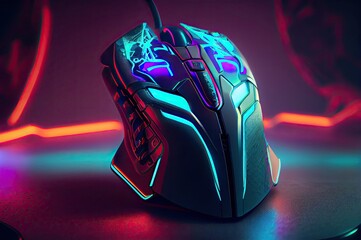Poster - gaming mouse diagonal angle neon with black background generative ai