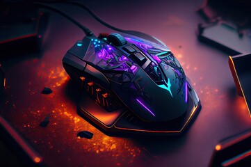 Poster - video game mouse diagonal angle glowing neon with copyspace generative ai