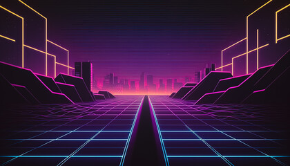 retro cyberpunk style background. sci-fi background. neon light grid landscapes. 80s, 90s. generativ