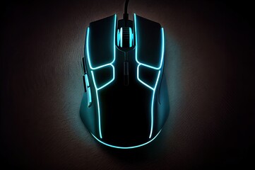 Poster - gaming mouse overhead view glowing neon with copyspace generative ai