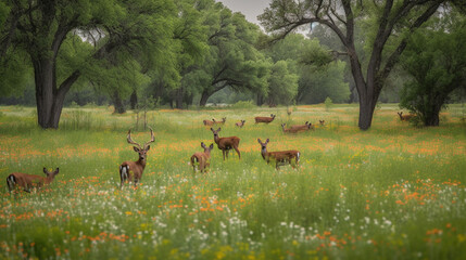 Poster - A peaceful meadow with wildflowers and grazing deer Generative AI