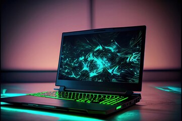 Poster - video game laptop glowing neon with empty background generative ai