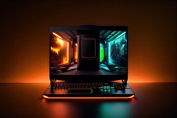 Poster - video game laptop neon with empty background generative ai