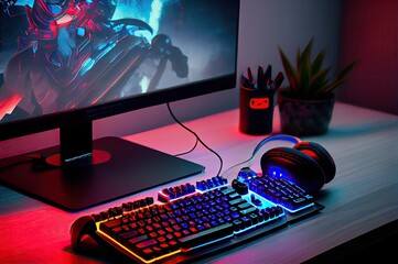 Poster - video game computer system glowing neon with copyspace generative ai
