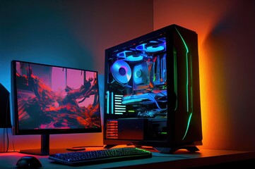 Poster - video game computer system neon with copy space generative ai