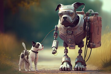 Canvas Print - robot walks dog with bag of treats and leash in hand, created with generative ai