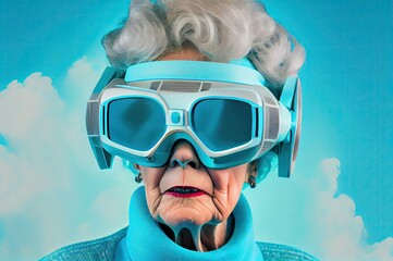 Poster - Older Woman With Vr Headset On Light Blue Backgrond Generative AI