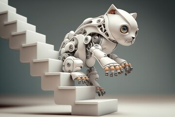 Wall Mural - robotic kitten climbing stairs or jumping from one step to the next, created with generative ai