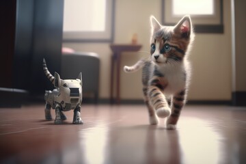 Wall Mural - robotic kitten being chased by robotic dog indoors, created with generative ai