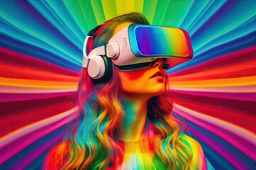 Poster - rainbow background young woman with vr headset generative ai