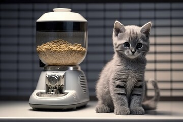 Wall Mural - robotic kitten on kitchen counter, sitting next to plate of cat food, created with generative ai