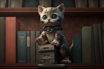 Wall Mural - robotic kitten perched atop bookshelf, surveying its domain, created with generative ai