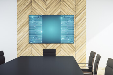 Aufkleber - Circuit hologram on presentation tv screen in a modern meeting room. Research and development hardware concept. 3D Rendering