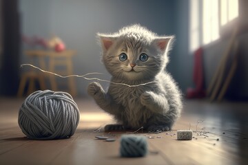 Canvas Print - robotic kitten playing with ball of yarn on wooden floor, created with generative ai