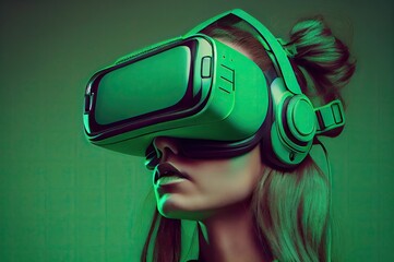 Poster - green backdrop young female with vr set and copy space generative ai
