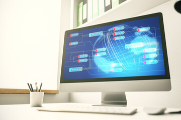 Aufkleber - Computer monitor with abstract creative programming illustration and world map, big data and blockchain concept. 3D Rendering