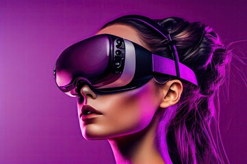 Poster - purple backdrop young female with vr headset and copyspace generative ai