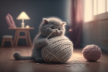 Canvas Print - robotic kitten playing with ball of yarn in cozy living room, created with generative ai