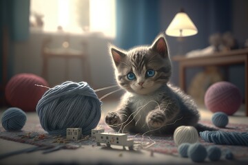 Canvas Print - robotic kitten playing with ball of yarn in cozy living room, created with generative ai