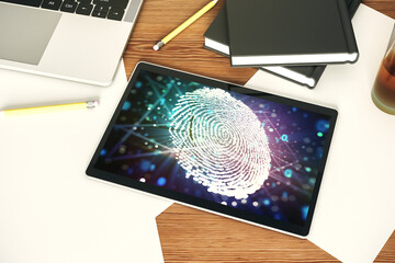 Aufkleber - Top view of modern digital tablet display with abstract creative fingerprint illustration, personal biometric data concept. 3D Rendering