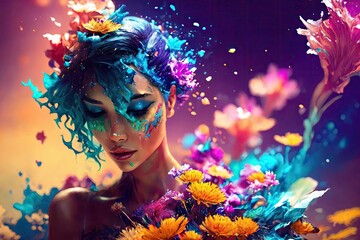 Woman with flowers in her hair and a blue background with paint splashes on her face and body, airbrush, fantasy art. Generative AI