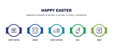 Set Of Happy Easter Thin Line Icons. Happy Easter Outline Icons With Infographic Template. Linear Icons Such As Happy Easter, Bread', Roast Chicken, Bell, Bible Vector.