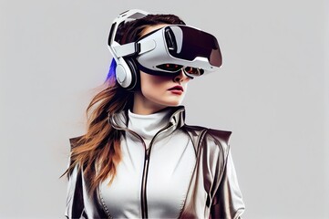 Poster - white backdrop younger female with vr set and copy space generative ai