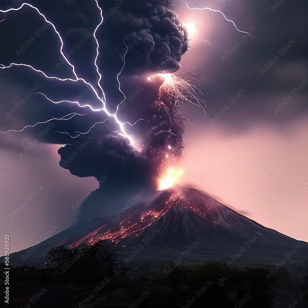 Volcanic Eruption and Lightning - Generative Ai Stock Illustration ...