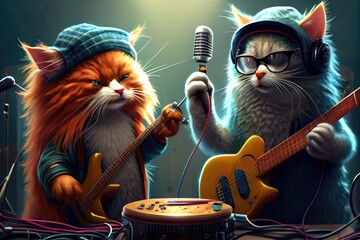 Wall Mural - rock star cats in the recording studio, with one cat holding a guitar and another holding a microphone., created with generative ai