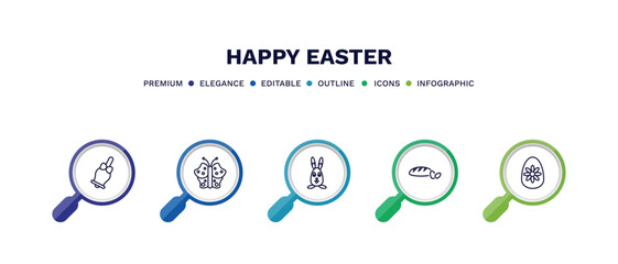 set of happy easter thin line icons. happy easter outline icons with infographic template. linear icons such as bell, butterfly, easter bunny, bread, daisy vector.