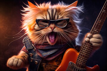 Poster - close-up of a rock star cat in the moment, showcasing his or her fierce guitar solo performance., created with generative ai