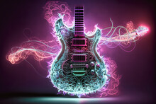 Electro Guitar Glowing With Electro Impulses. Heavy Metal And Rock N Roll Music Concept. AI Generative