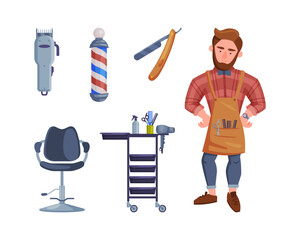 Sticker - Professional Bearded Man Barber with Tools and Table Vector Set