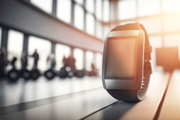 Fitness tracking device in gym interior. Healthy lifestyle gadgets concept. AI generative