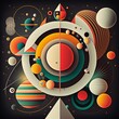 Abstract geometric model of fictional planetary system in retro style constructivism. Generative AI