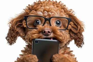 A cute fluffy puppy using smartphone. Generative AI
